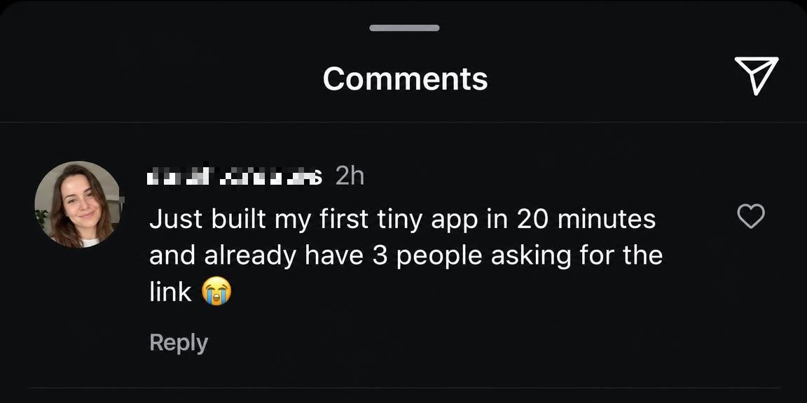 Instagram comment: Just built my first tiny app in 20 minutes and already have 3 people asking for the link