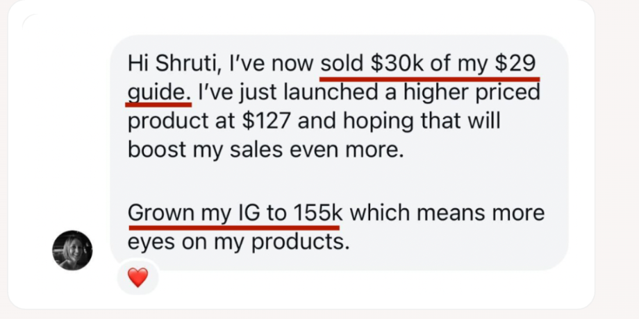DM screenshot: sold $30k of my $29 guide and grew IG to 155k