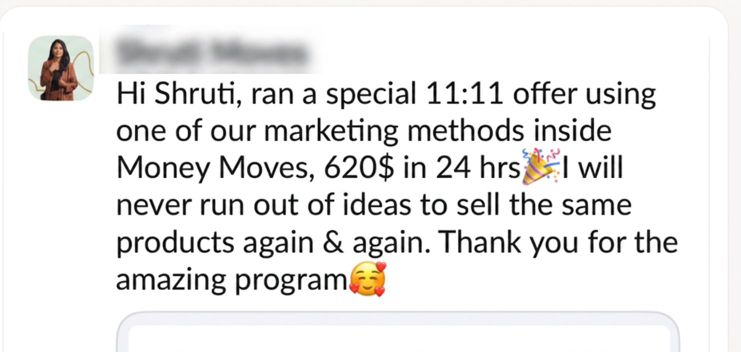 DM screenshot: $620 in 24 hours from one 11:11 offer